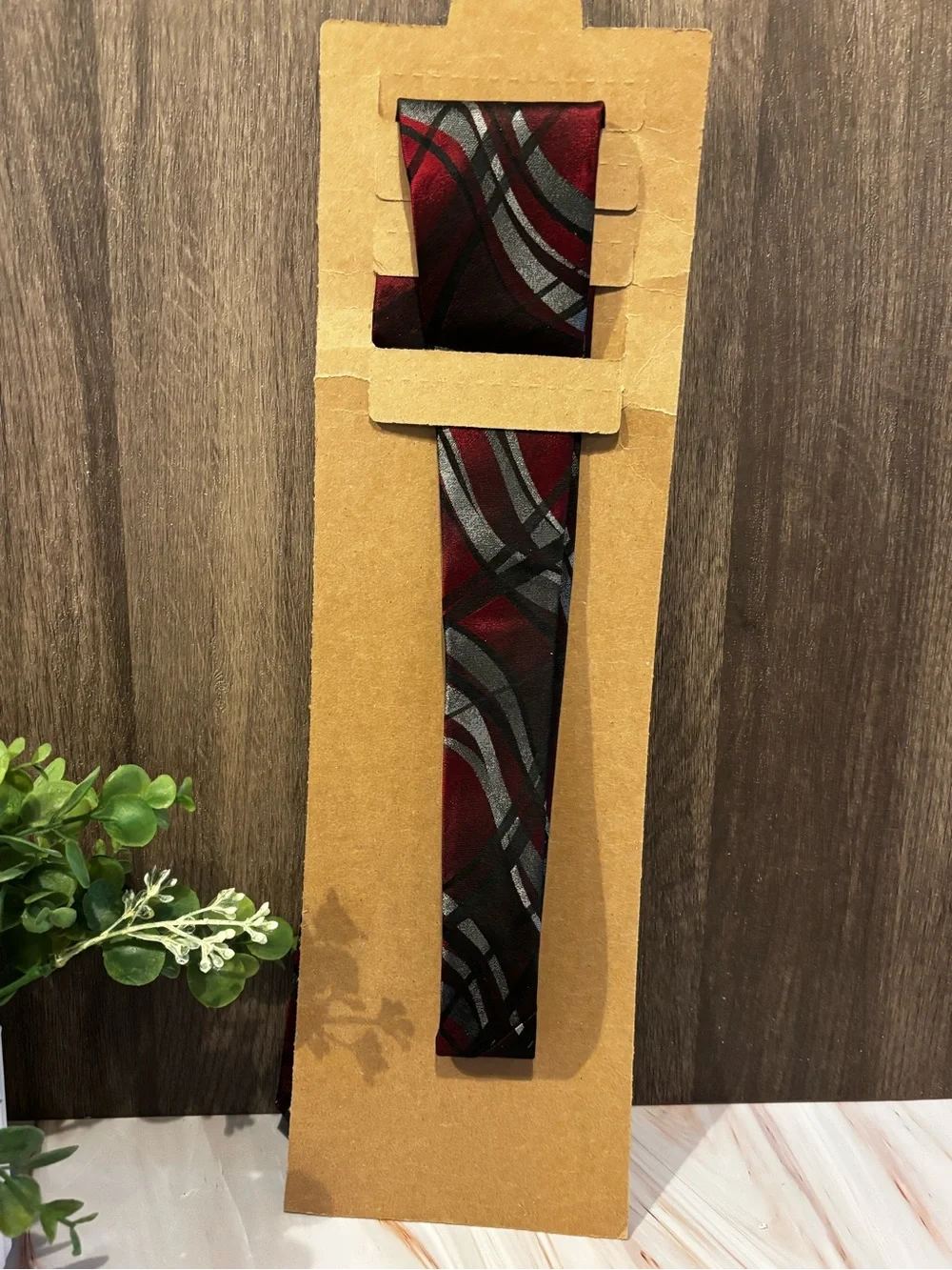 Pierre Cardin Maroon Tie with Silver and Black Wave Pattern